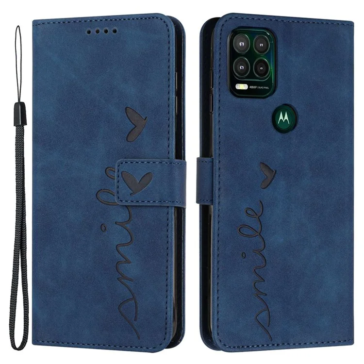 Per Motorola Moto G Stylus 5G (2021) Skin-touch Feeling Heart Shape Imprinted Phone Case Anti-fall PU Leather Wallet Stand Shell with Strap - Zaffiro