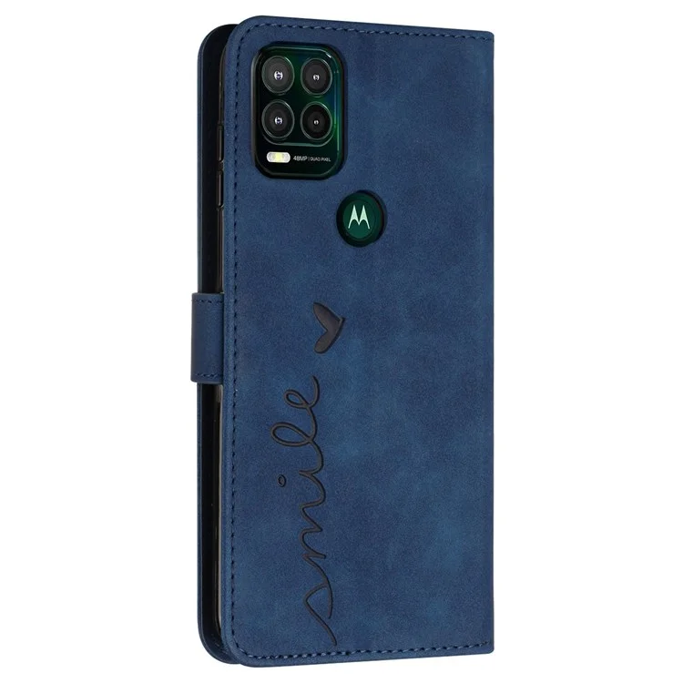 Per Motorola Moto G Stylus 5G (2021) Skin-touch Feeling Heart Shape Imprinted Phone Case Anti-fall PU Leather Wallet Stand Shell with Strap - Zaffiro