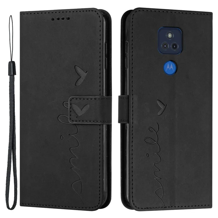 For Motorola Moto G Play (2021) Imprinting Heart Shape Shockproof Phone Case Skin-touch PU Leather TPU Cover with Stand Wallet - Black