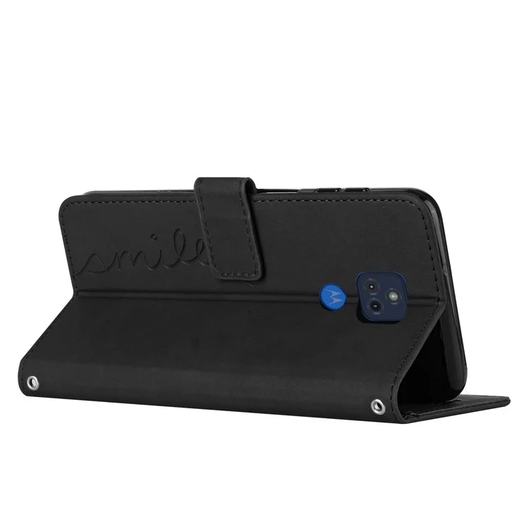 For Motorola Moto G Play (2021) Imprinting Heart Shape Shockproof Phone Case Skin-touch PU Leather TPU Cover with Stand Wallet - Black