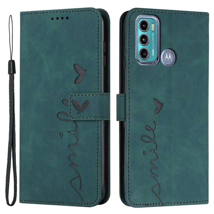 For Motorola Moto G60/G40 Fusion Anti-scratch Phone Leather Case Bag Heart Shape Imprinted Skin-touch Feeling Stand Wallet Phone Shell - Green