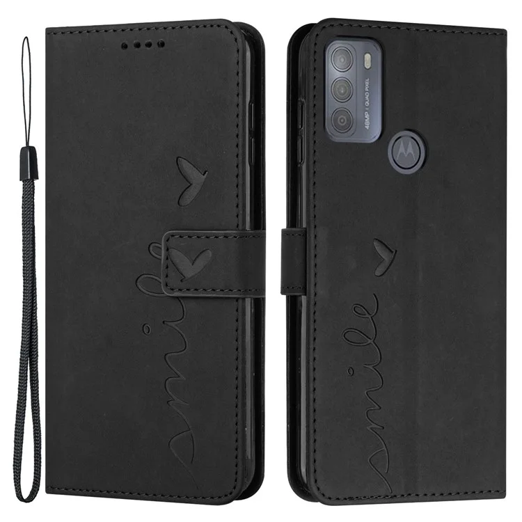 Heart Shape Imprinted Leather Case for Motorola Moto G50 4G, Skin-touch Stand Wallet Drop-proof Phone Cover - Black