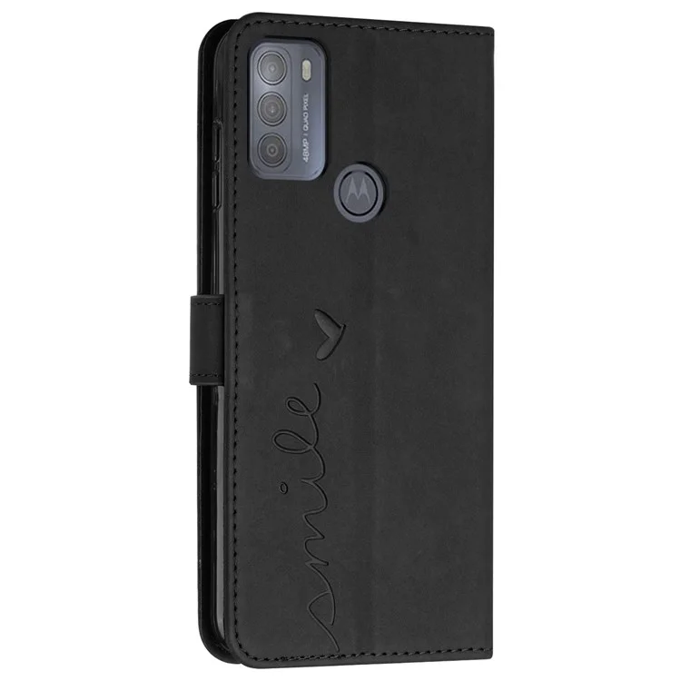 Heart Shape Imprinted Leather Case for Motorola Moto G50 4G, Skin-touch Stand Wallet Drop-proof Phone Cover - Black