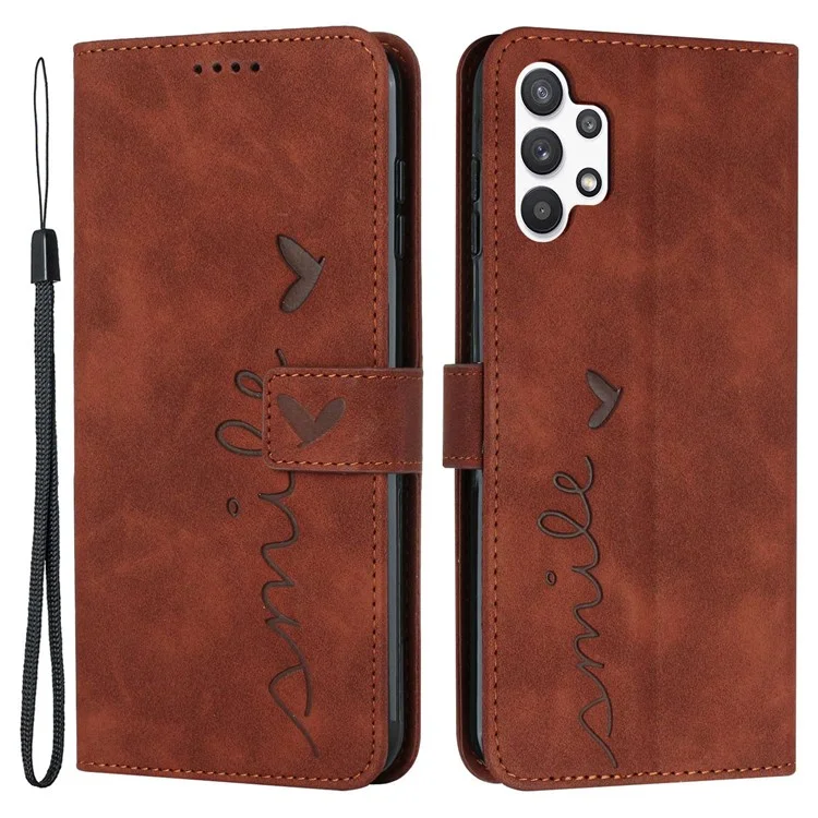 Per Samsung Galaxy A13 4G Heart Shape Imprinted Magnetic Clasp PU Leather Case Skin-touch Phone Cover with Wallet Stand - Brown