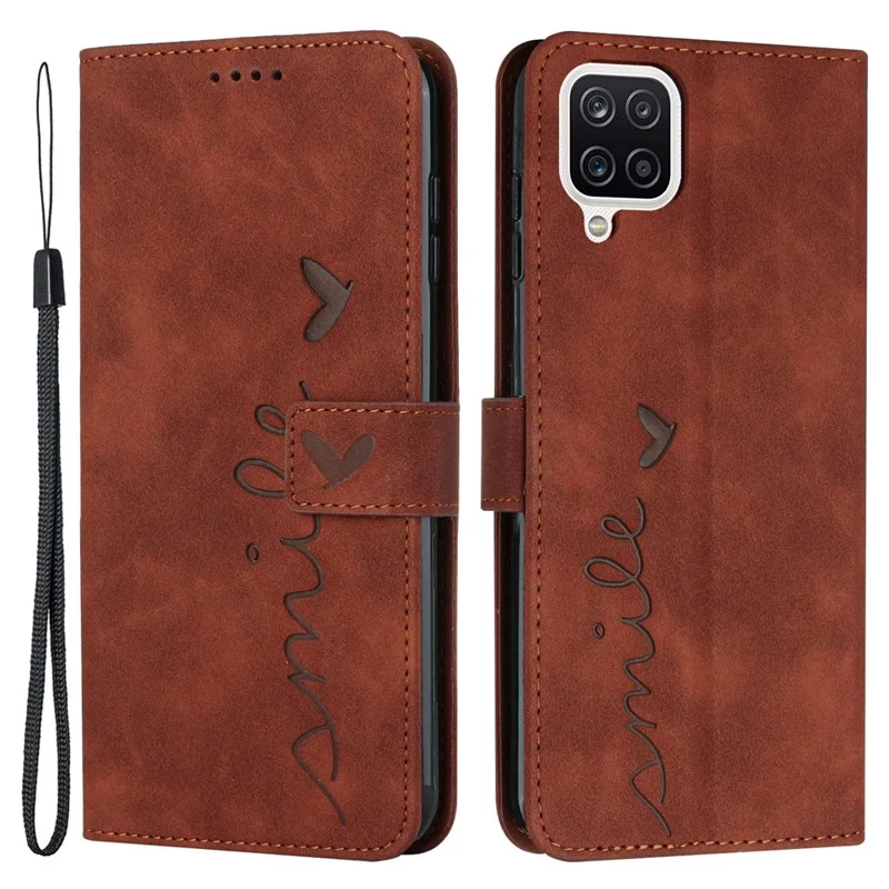 For Samsung Galaxy A22 4G (EU Version)/M22/F22/M32 (India Version)/M32 (Global Version) 4G Skin-touch Feeling Heart Shape Imprinted Phone Case PU Leather Wallet Stand Shell with Strap - Brown