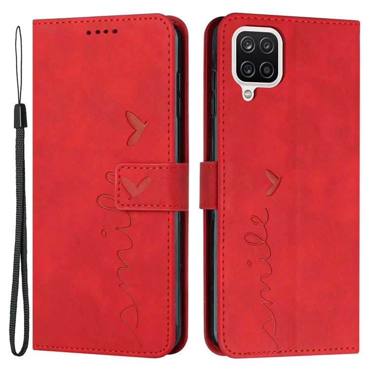 Para Samsung Galaxy A22 4G (versión de la Ue)/m22/f22/m32 (versión de la India)/m32 (versión Global) 4G Skin-touch Feeling Shape Forma Imprimida Teléfono PU Cuero de Cuero Capas Con Correa - Rojo