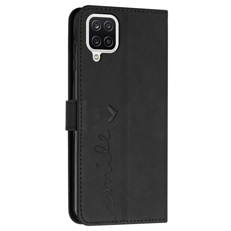 For Samsung Galaxy A22 4G (EU Version)/M22/F22/M32 (India Version)/M32 (Global Version) 4G Skin-touch Feeling Heart Shape Imprinted Phone Case PU Leather Wallet Stand Shell with Strap - Black