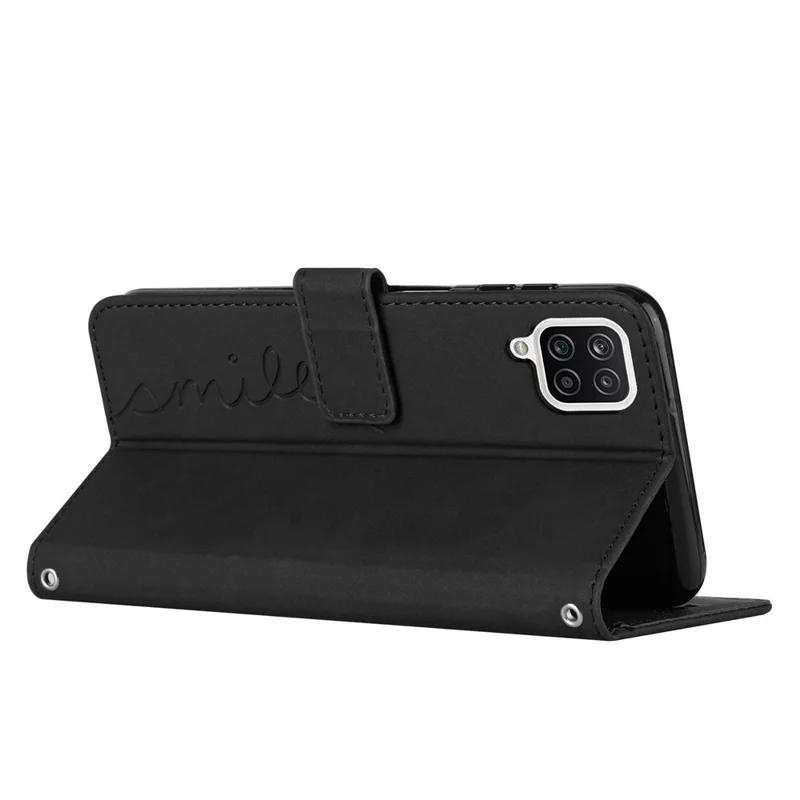 For Samsung Galaxy A22 4G (EU Version)/M22/F22/M32 (India Version)/M32 (Global Version) 4G Skin-touch Feeling Heart Shape Imprinted Phone Case PU Leather Wallet Stand Shell with Strap - Black