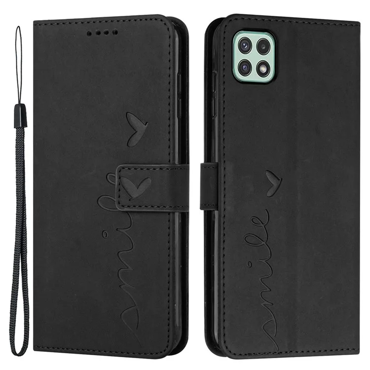 Para Samsung Galaxy A22 5G/A22s 5G (Versión UE) Piel al tacto Sensación Corazón Forma Grabada Manos libres Soporte Funda de Teléfono Cartera de Cuero PU con Correa - Negro