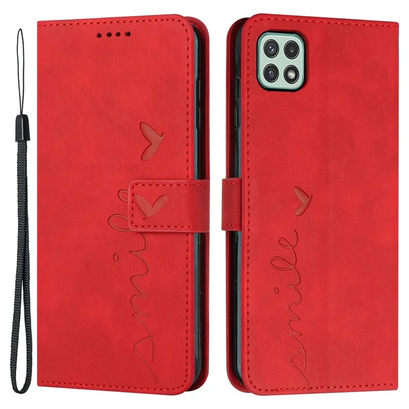 For Samsung Galaxy A22 5G/A22s 5G (EU Version) Skin-touch Feeling Heart Shape Imprinted Hands-free Stand Phone Case PU Leather Wallet Shell with Strap - Red