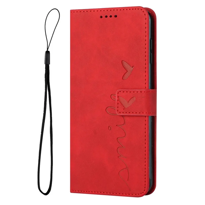 For Samsung Galaxy A22 5G/A22s 5G (EU Version) Skin-touch Feeling Heart Shape Imprinted Hands-free Stand Phone Case PU Leather Wallet Shell with Strap - Red