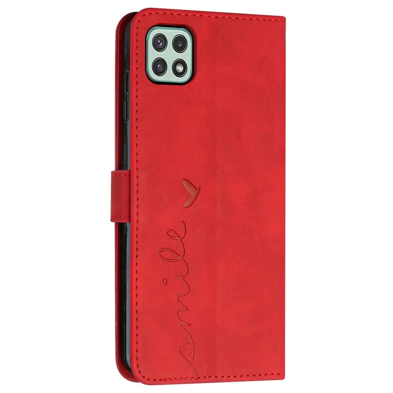 For Samsung Galaxy A22 5G/A22s 5G (EU Version) Skin-touch Feeling Heart Shape Imprinted Hands-free Stand Phone Case PU Leather Wallet Shell with Strap - Red