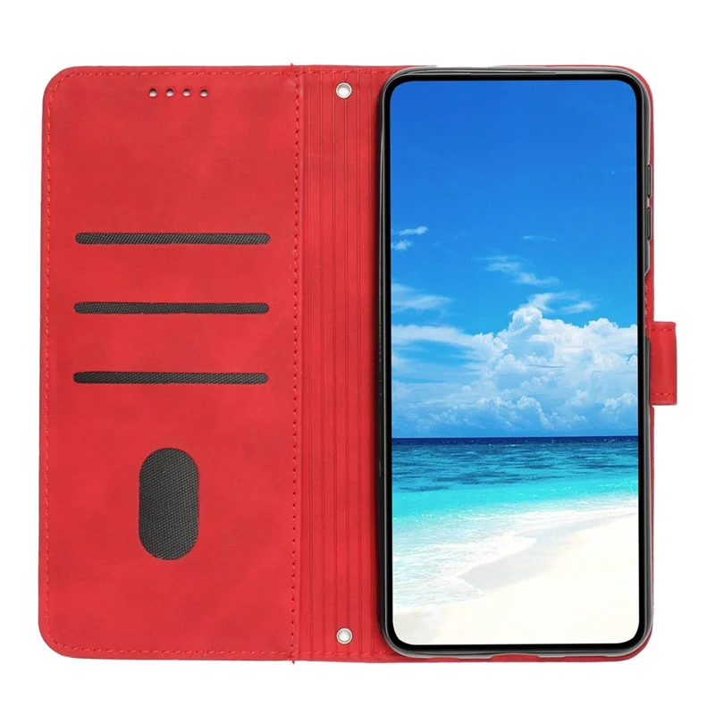 For Samsung Galaxy A22 5G/A22s 5G (EU Version) Skin-touch Feeling Heart Shape Imprinted Hands-free Stand Phone Case PU Leather Wallet Shell with Strap - Red