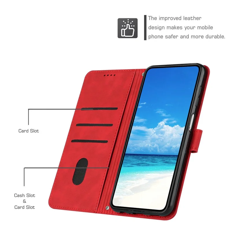 For Samsung Galaxy A22 5G/A22s 5G (EU Version) Skin-touch Feeling Heart Shape Imprinted Hands-free Stand Phone Case PU Leather Wallet Shell with Strap - Red