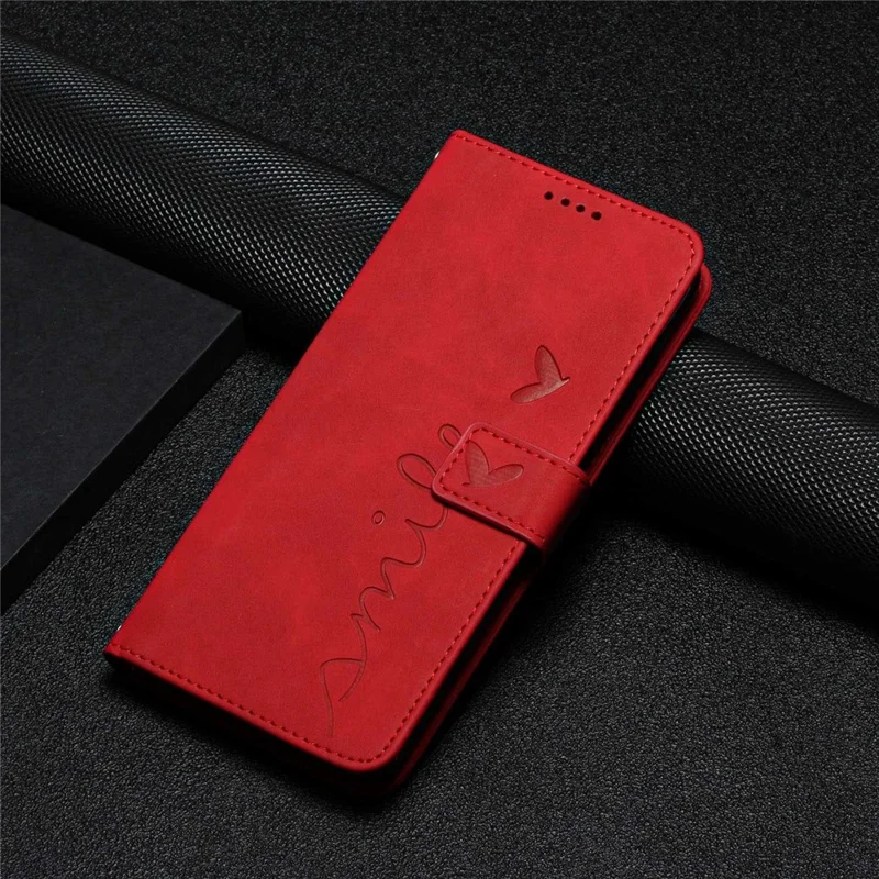 For Samsung Galaxy A22 5G/A22s 5G (EU Version) Skin-touch Feeling Heart Shape Imprinted Hands-free Stand Phone Case PU Leather Wallet Shell with Strap - Red