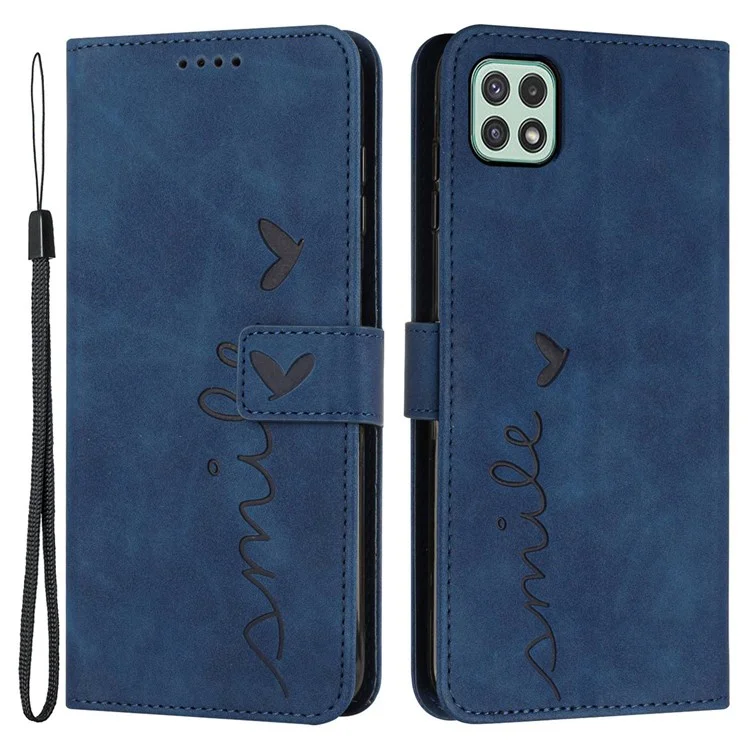 Para Samsung Galaxy A22 5G/A22s 5G (Versión Europea) Sensación al tacto Forma de corazón Manos libres Soporte para teléfono Funda de billetera de piel sintética con correa - Zafiro
