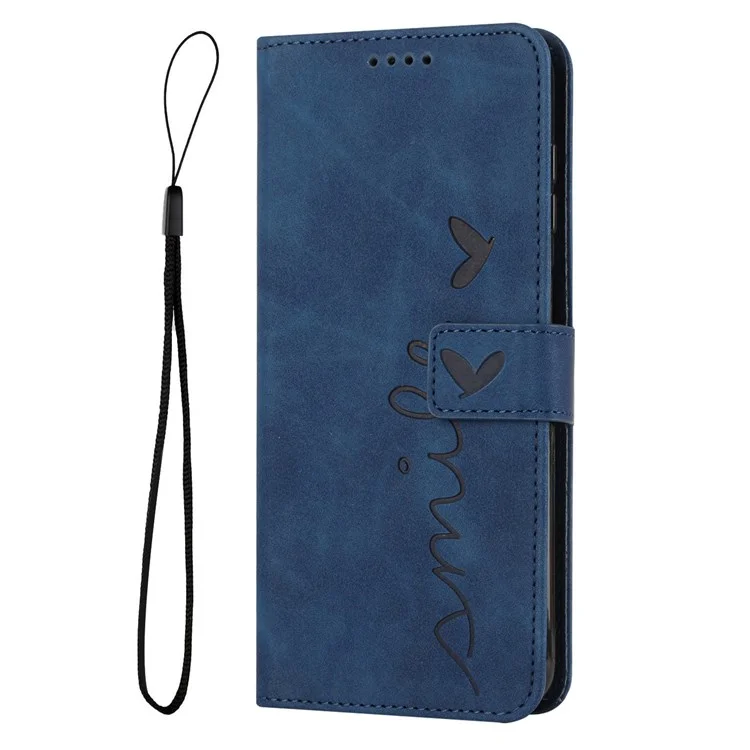 Para Samsung Galaxy A22 5G/A22s 5G (Versión Europea) Sensación al tacto Forma de corazón Manos libres Soporte para teléfono Funda de billetera de piel sintética con correa - Zafiro