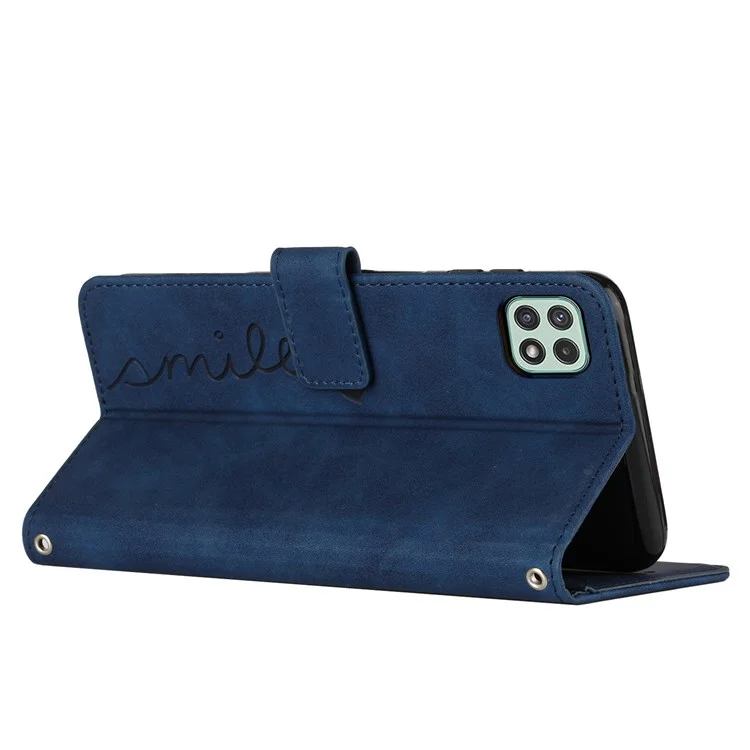 Para Samsung Galaxy A22 5G/A22s 5G (Versión Europea) Sensación al tacto Forma de corazón Manos libres Soporte para teléfono Funda de billetera de piel sintética con correa - Zafiro