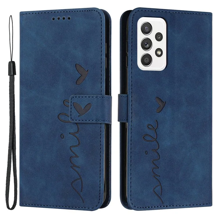 Heart Shape Imprinted Phone Cover for Samsung Galaxy A33 5G, Skin-touch Stand Wallet PU Leather Case - Sapphire