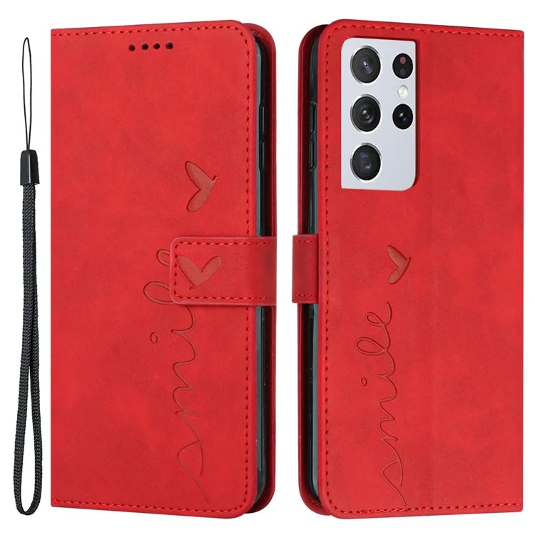 Case de Billetera de Cuero PU Para Samsung Galaxy S21 Ultra 5G, Forma de Corazón Impresa de Piel de Piel Con Capas de Teléfono de Protección Completa - Rojo