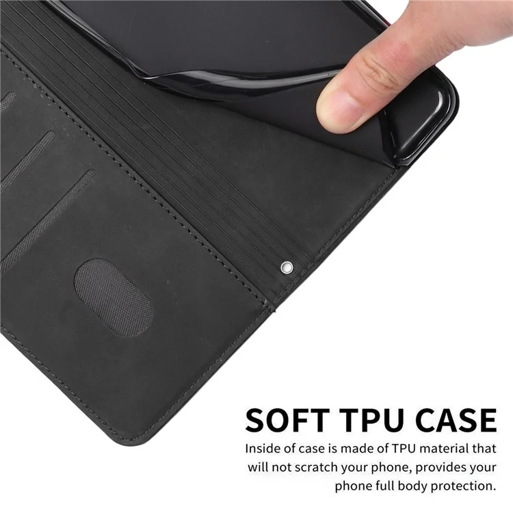 Stand Wallet Skin-touch Phone Case for Samsung Galaxy A42 5G, Heart Shape Imprinted PU Leather + TPU All-round Cover - Black