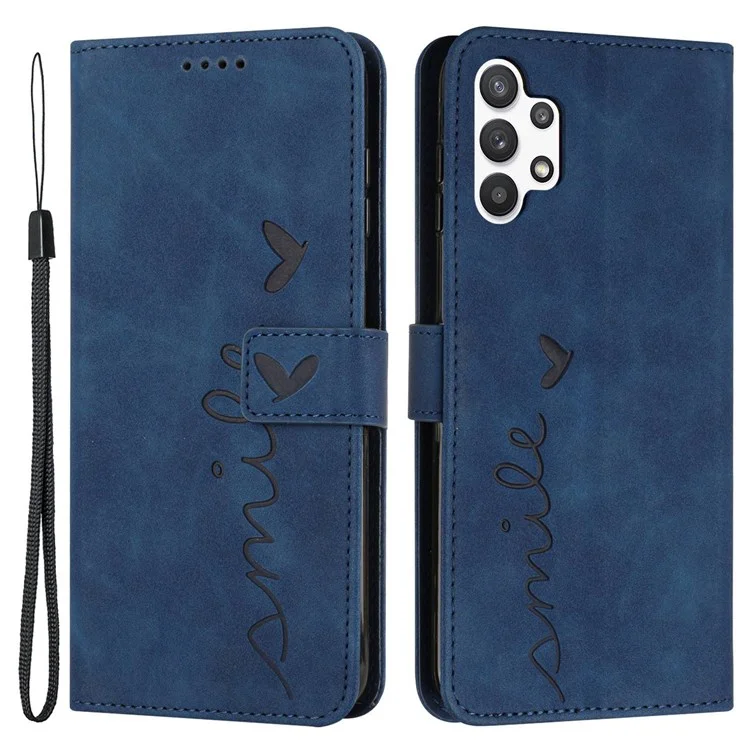 For Samsung Galaxy A32 5G/M32 5G Skin-touch Wallet Phone Case PU Leather Stand Imprinting Heart Shape Protective Cover - Sapphire