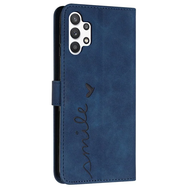 For Samsung Galaxy A32 5G/M32 5G Skin-touch Wallet Phone Case PU Leather Stand Imprinting Heart Shape Protective Cover - Sapphire