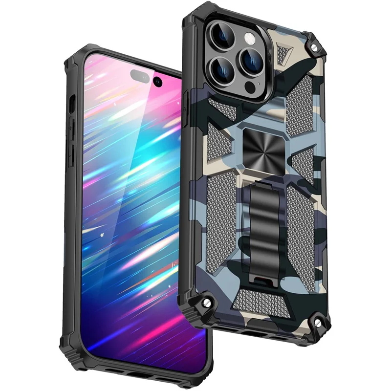For iPhone 14 Pro Max 6.7 inch Military Grade Camouflage Shockproof Phone Case Kickstand PC + TPU Anti-wear Cellphone Back Cover - Camouflage Blue