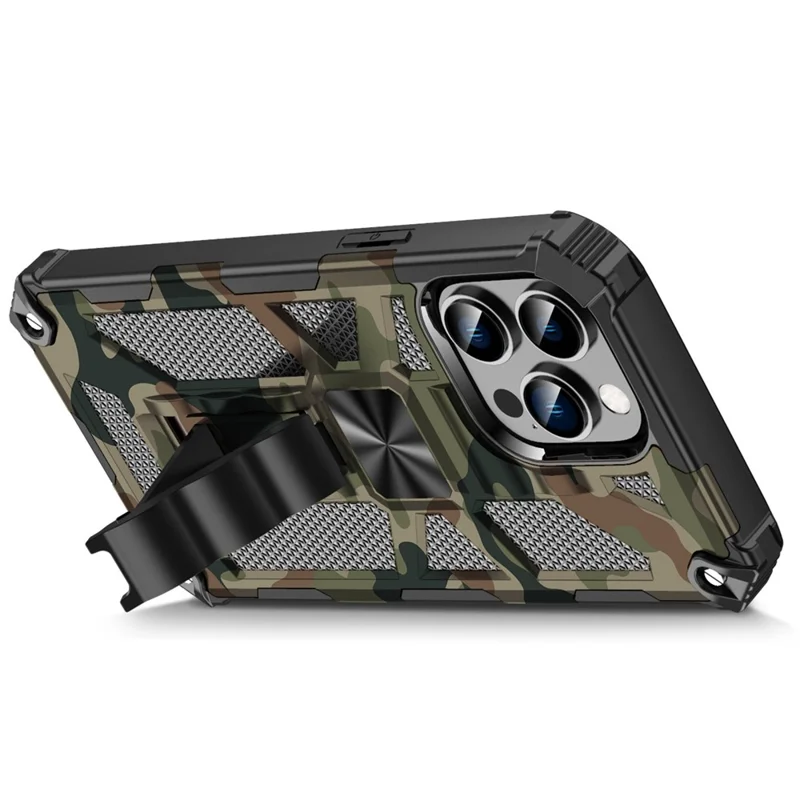 For iPhone 14 Pro Max 6.7 inch Military Grade Camouflage Shockproof Phone Case Kickstand PC + TPU Anti-wear Cellphone Back Cover - Camouflage Blue