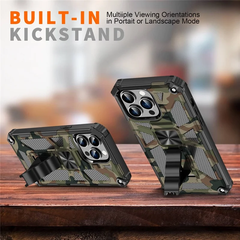 For iPhone 14 Pro Max 6.7 inch Military Grade Camouflage Shockproof Phone Case Kickstand PC + TPU Anti-wear Cellphone Back Cover - Camouflage Blue