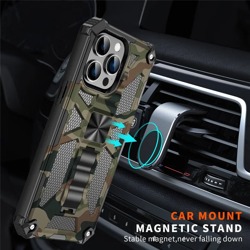 For iPhone 14 Pro Max 6.7 inch Military Grade Camouflage Shockproof Phone Case Kickstand PC + TPU Anti-wear Cellphone Back Cover - Camouflage Blue