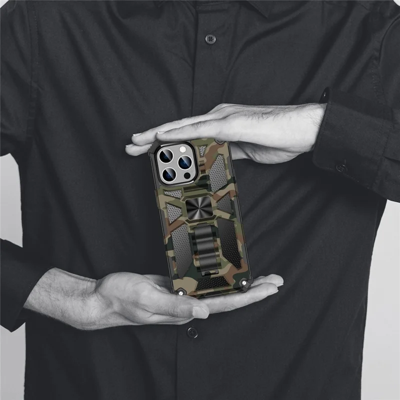 For iPhone 14 Pro Max 6.7 inch Military Grade Camouflage Shockproof Phone Case Kickstand PC + TPU Anti-wear Cellphone Back Cover - Camouflage Blue