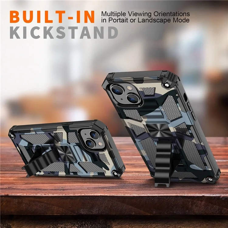 Pour Iphone 14 Max 6,7 Pouces de Camouflage Anti-drop Conception de Camouflage Dur pc Tpu Couvercle de Kickstand de Qualité Militaire Antidérapante - Bleu Marine