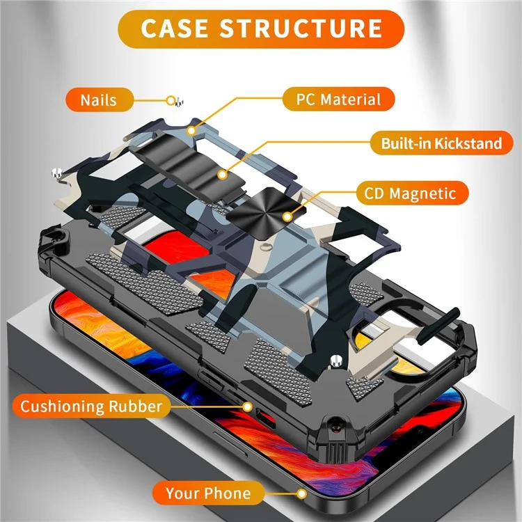 Pour Iphone 14 Max 6,7 Pouces de Camouflage Anti-drop Conception de Camouflage Dur pc Tpu Couvercle de Kickstand de Qualité Militaire Antidérapante - Bleu Marine