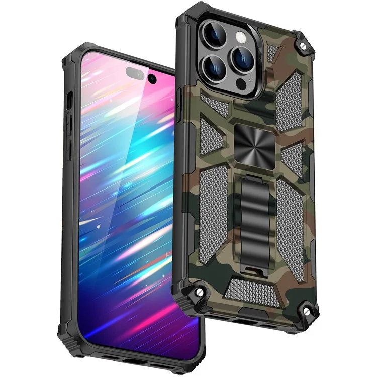 Para Iphone 14 Pro 6.1 Pulgadas Anti-drop Military Camuflage Kickstand Case de Teléfono PC + TPU Cubierta de Teléfono Celular Resistente - Ejercito Verde