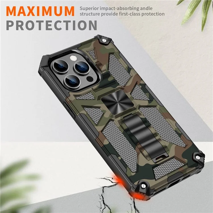 Para Iphone 14 Pro 6.1 Pulgadas Anti-drop Military Camuflage Kickstand Case de Teléfono PC + TPU Cubierta de Teléfono Celular Resistente - Ejercito Verde