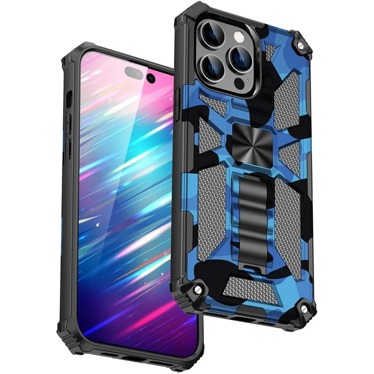 Para Iphone 14 Pro 6.1 Pulgadas Anti-drop Military Camuflage Kickstand Case de Teléfono PC + TPU Cubierta de Teléfono Celular Resistente - Azul Marino