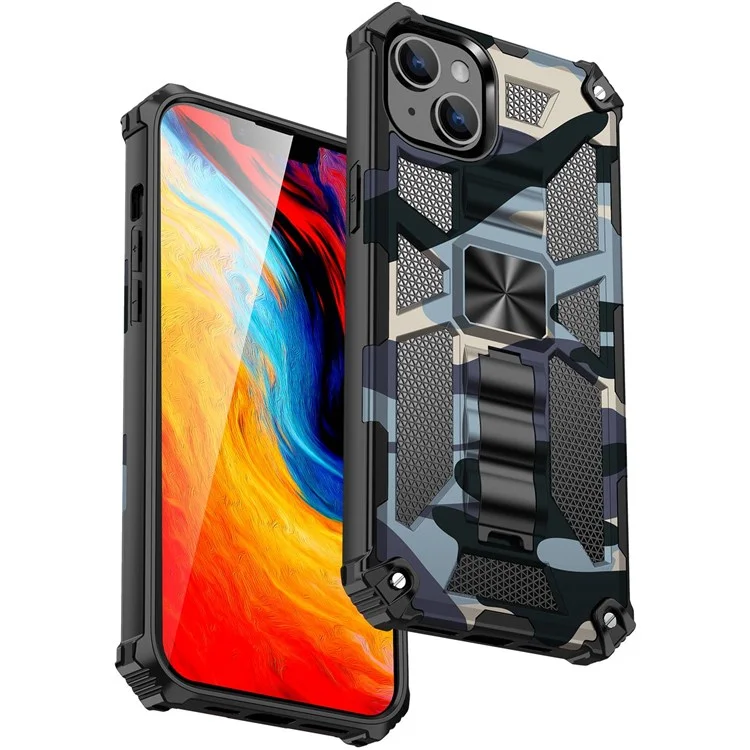 Para Iphone 14 6.1 Pulgadas de Camuflaje Militar Camuflage Case de Teléfono PC + TPU Pozo Protección Contra el Teléfono Celular Anti-fall Cubierta - Camuflaje Azul