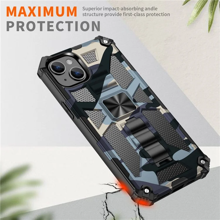 Para Iphone 14 6.1 Pulgadas de Camuflaje Militar Camuflage Case de Teléfono PC + TPU Pozo Protección Contra el Teléfono Celular Anti-fall Cubierta - Camuflaje Azul