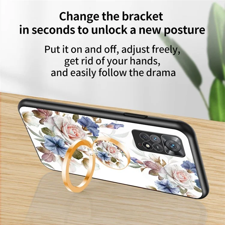 Para Xiaomi Redmi Note 11S 4G Corteut Preciso Patrón de Flores Anti-scratch Cubierta Impresa Tpu+pc+teléfono de Protección de Vidrio Templado Con Kickstand - Rosa China