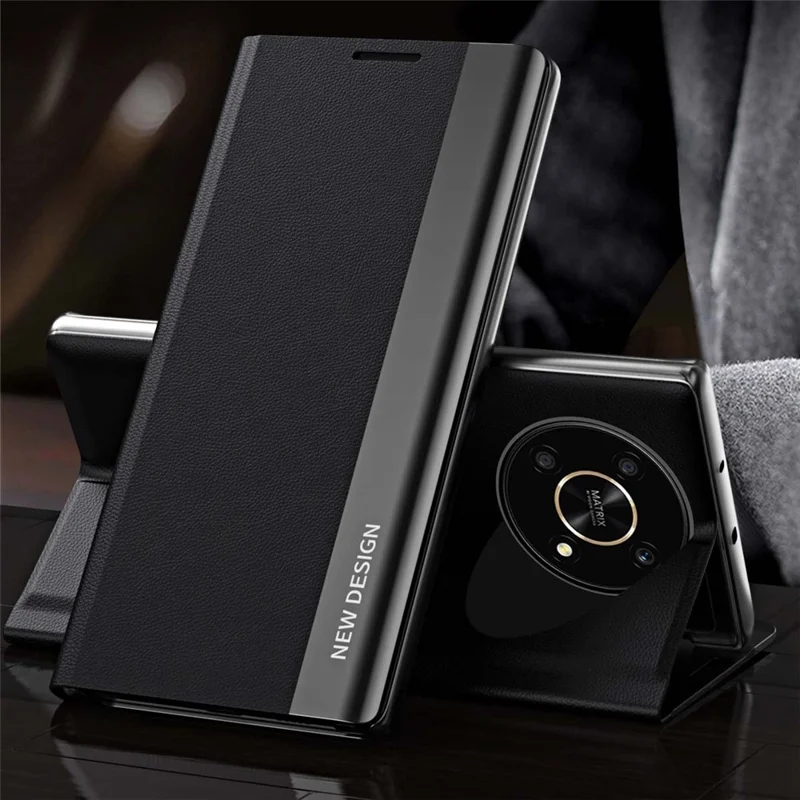 For Honor X9 5G / X30 5G / Magic4 Lite 5G Wear-resistant PU Leather Stand Function Case Electroplating Cell Phone Cover - Black