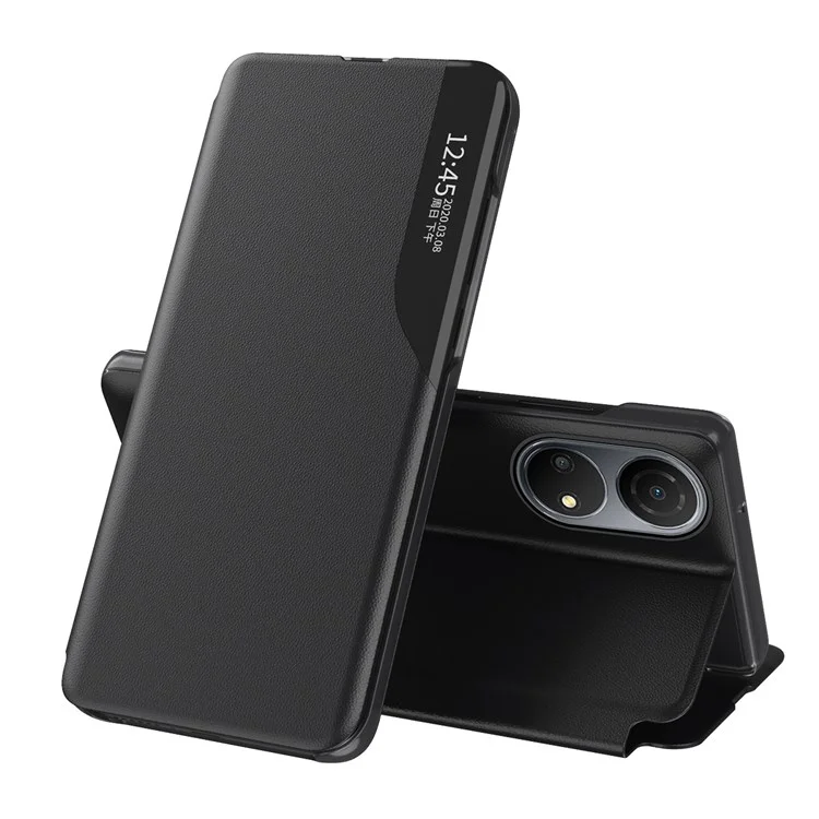 Per Honor Play 30 Plus 5G / X7 Clear View Window Phone Case Regolabile Stand Custodia Protettiva in Pelle - Nera