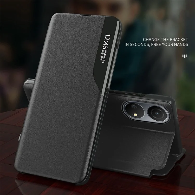 Per Honor Play 30 Plus 5G / X7 Clear View Window Phone Case Regolabile Stand Custodia Protettiva in Pelle - Nera