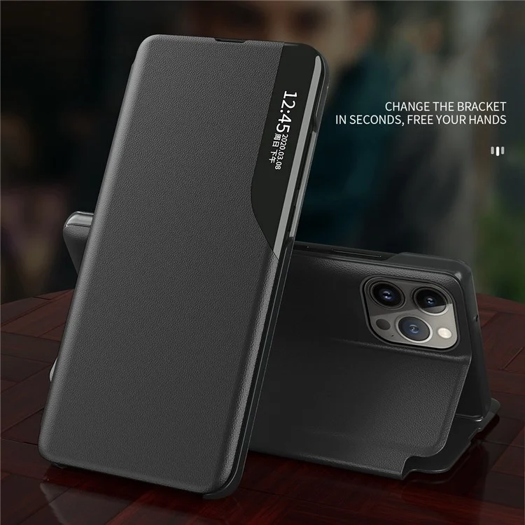 Pour iPhone 14 Plus 6,7 pouces Clear View Window Anti-choc Étui en cuir Stand Anti-usure Protecteur - Noir