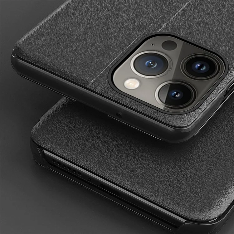Pour iPhone 14 Plus 6,7 pouces Clear View Window Anti-choc Étui en cuir Stand Anti-usure Protecteur - Noir