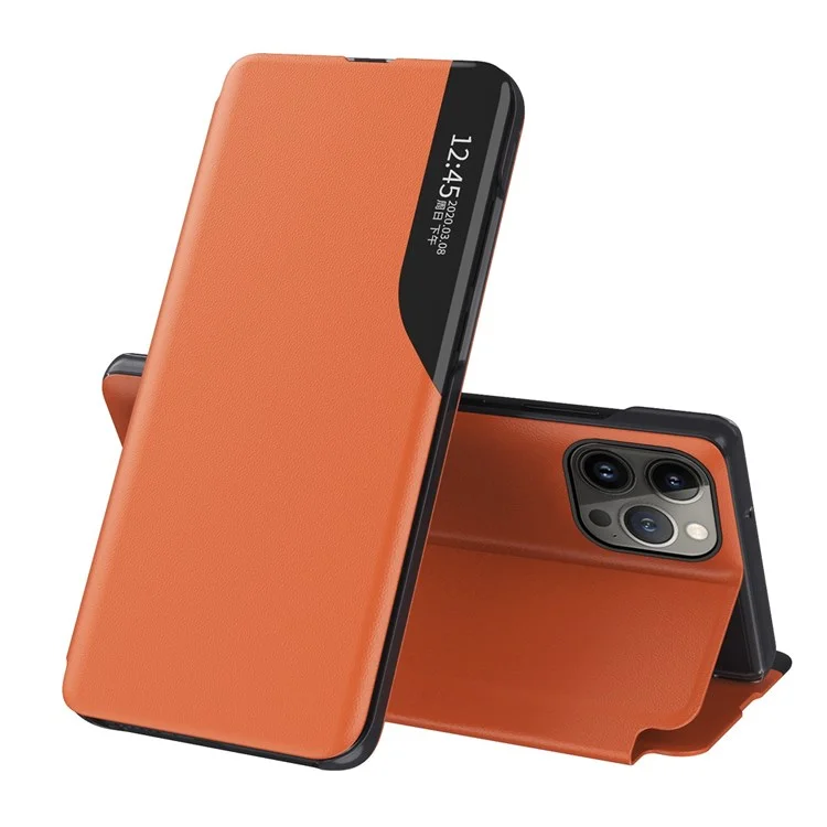 For iPhone 14 Pro Max 6.7 inch Clear View Window Folio Flip Leather Phone Case Stand Anti-Scratch Phone Cover - Orange