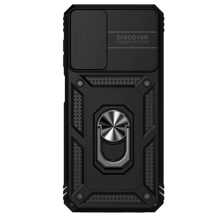 For Samsung Galaxy A13 4G Slide Camera Protector PC + TPU Hybrid Phone Case Anti-scratch Phone Cover with Metal Ring Kickstand - Black