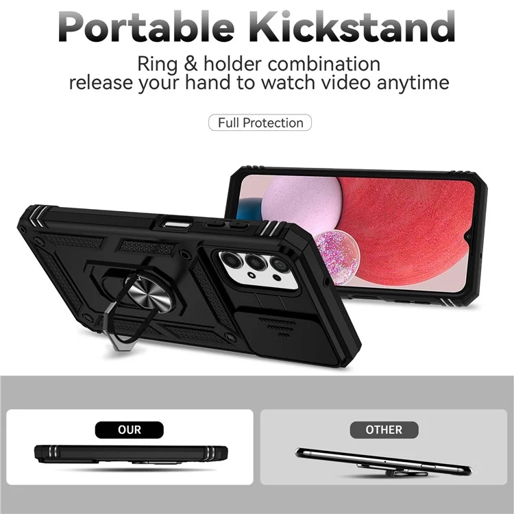 For Samsung Galaxy A13 4G Slide Camera Protector PC + TPU Hybrid Phone Case Anti-scratch Phone Cover with Metal Ring Kickstand - Black