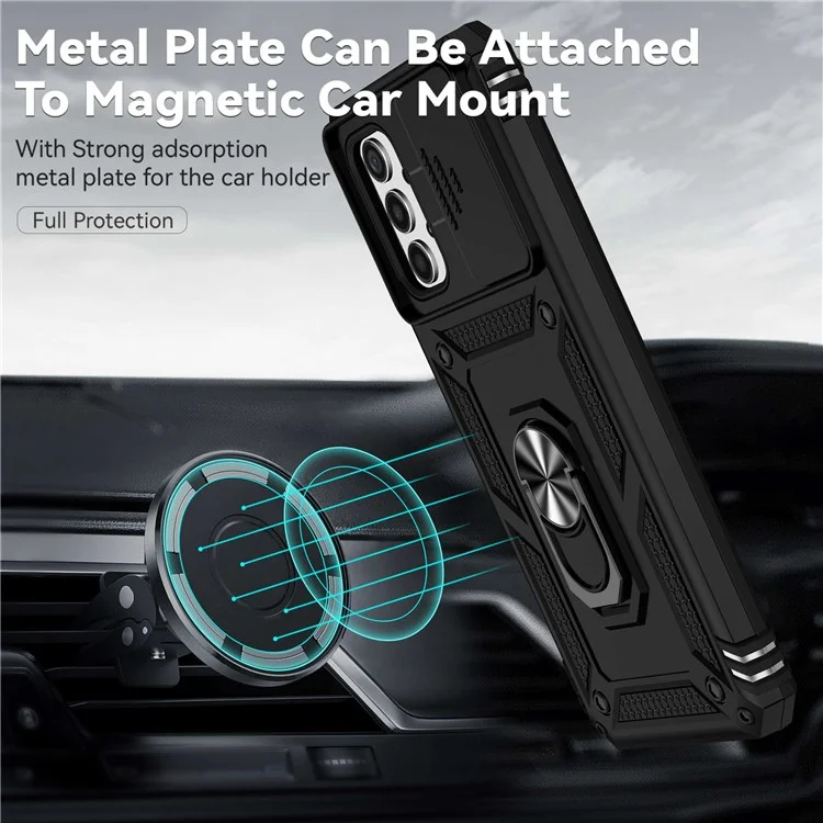 For Samsung Galaxy A13 4G Slide Camera Protector PC + TPU Hybrid Phone Case Anti-scratch Phone Cover with Metal Ring Kickstand - Black