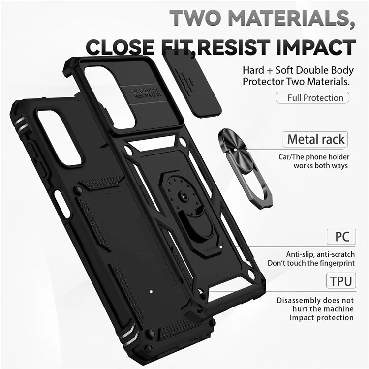 For Samsung Galaxy A13 4G Slide Camera Protector PC + TPU Hybrid Phone Case Anti-scratch Phone Cover with Metal Ring Kickstand - Black